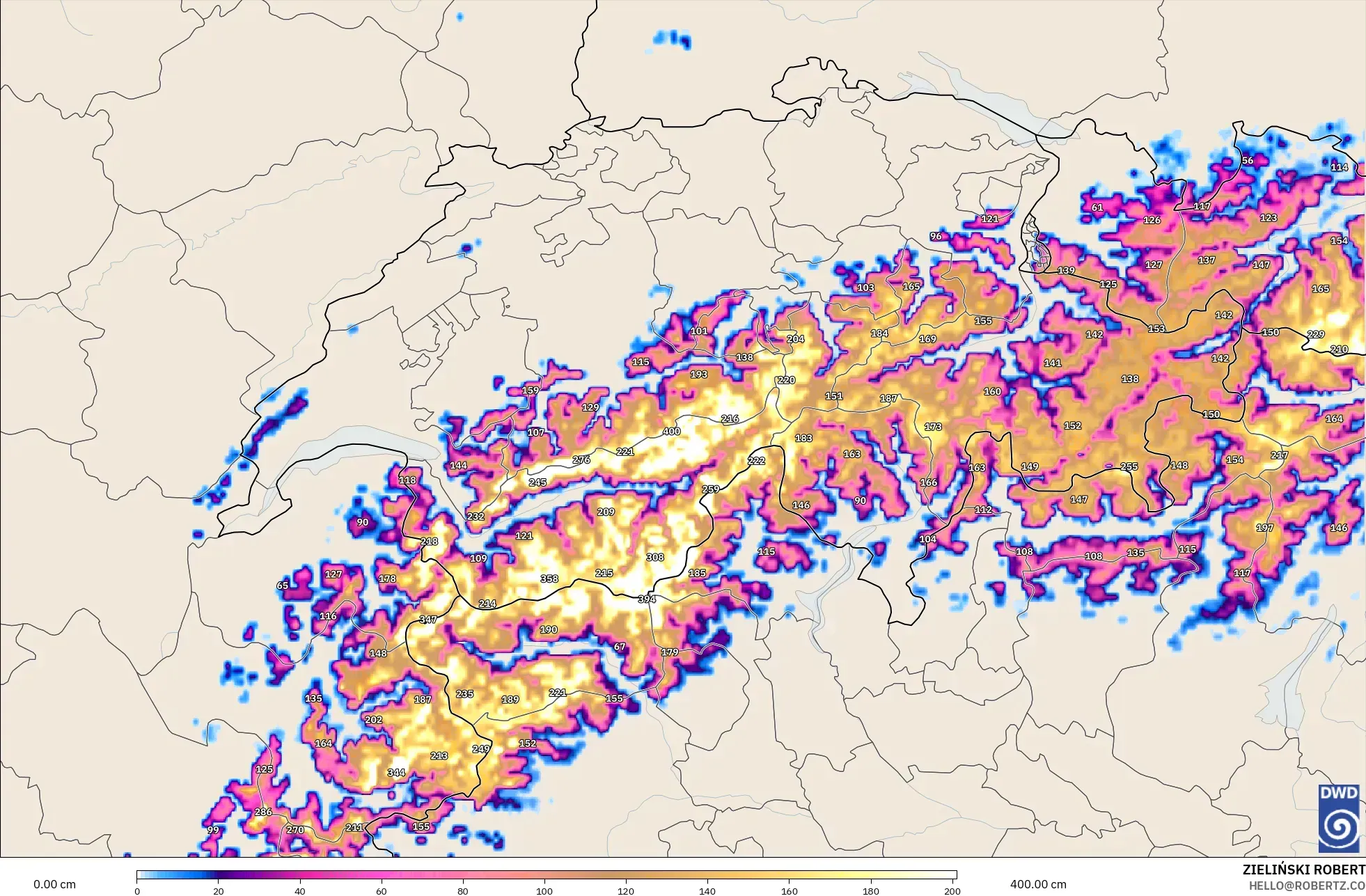 ICON Alemania 2 km modelo - Suiza, Profundidad de nieve