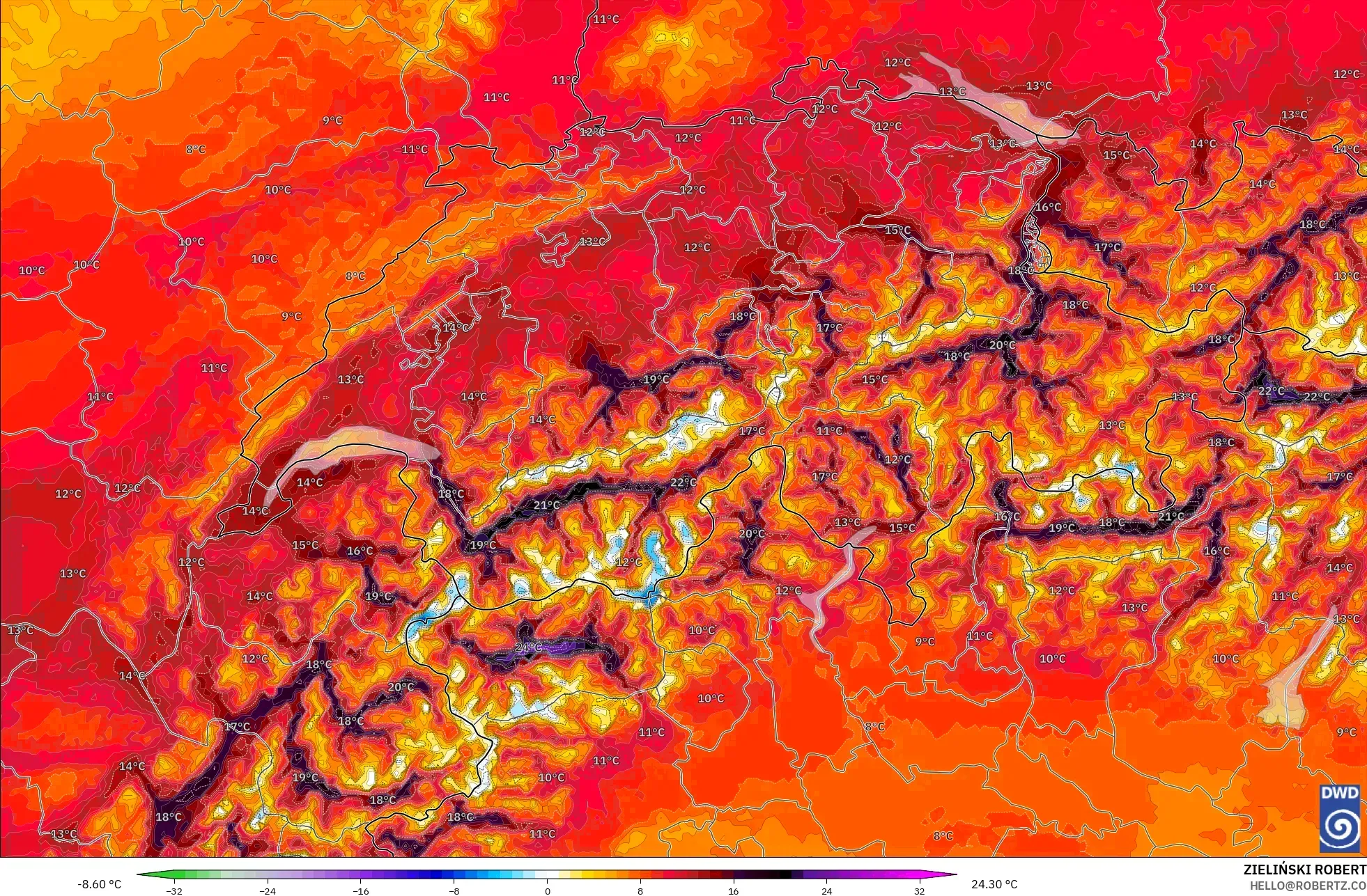 ICON Alemania 2 km modelo - Suiza, Anomalía de temperatura a 2 m
