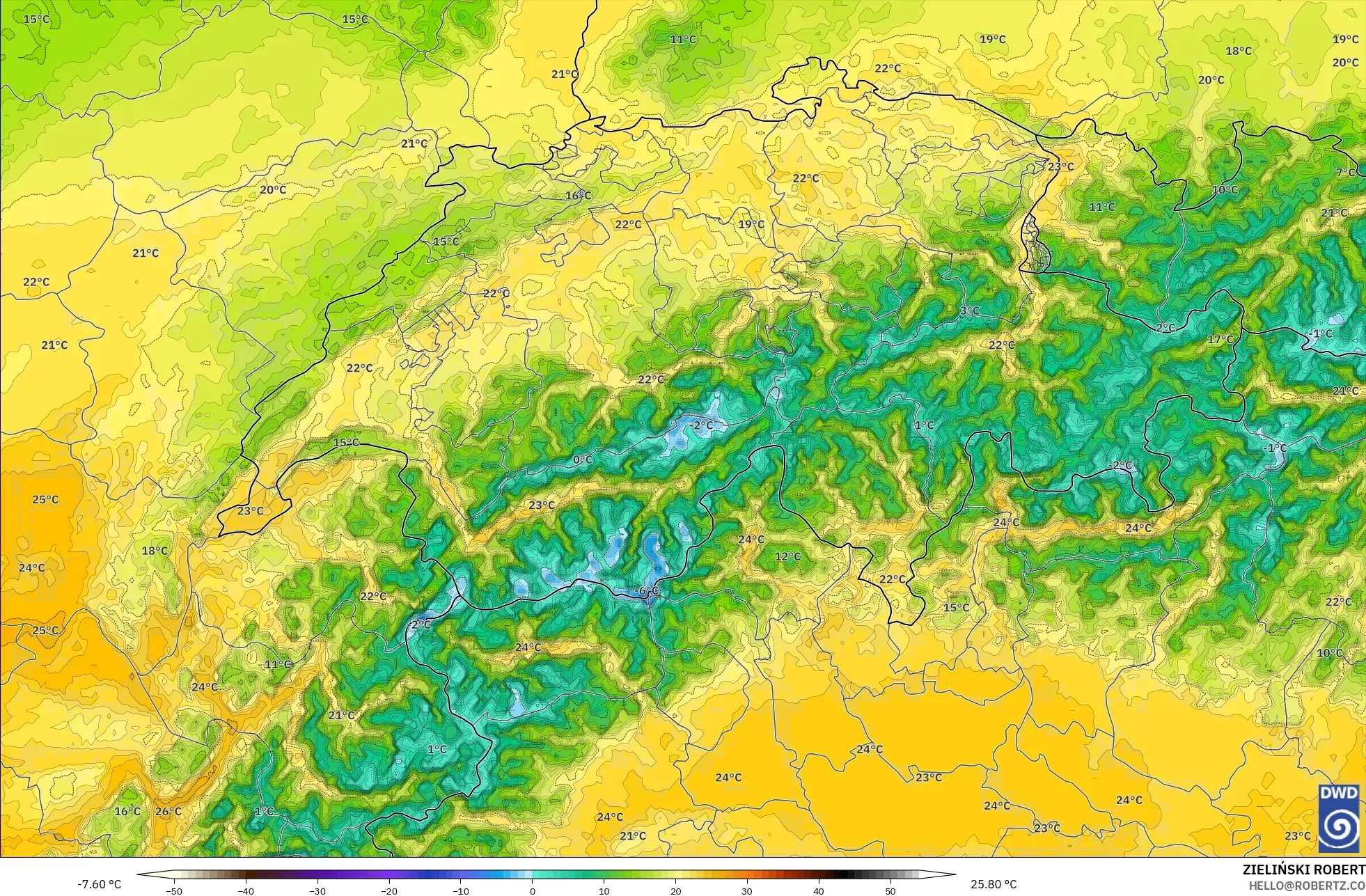 ICON Alemania 2 km modelo - Suiza, Temperatura a 2 m