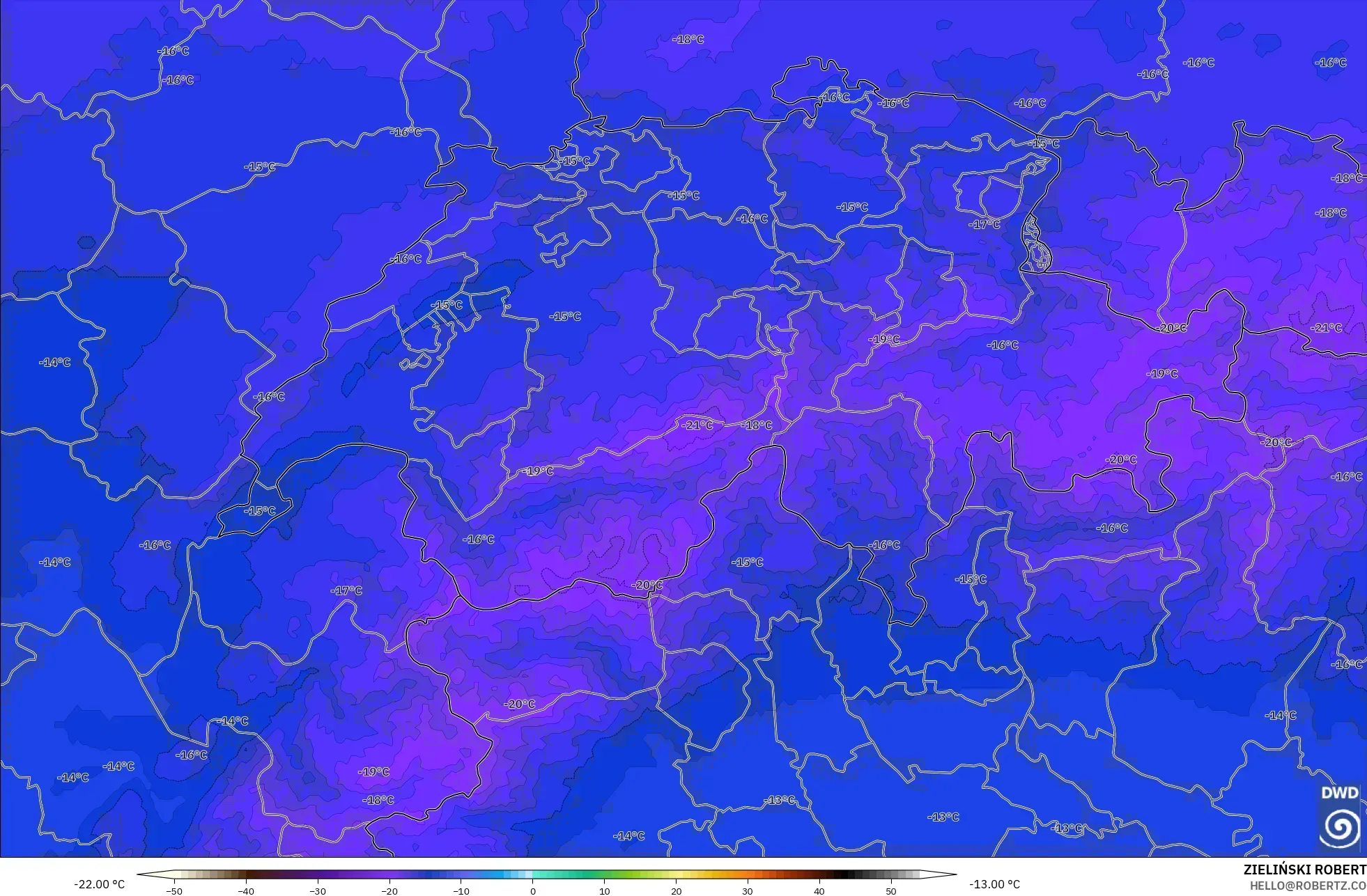 ICON Alemania 2 km modelo - Suiza, Temperatura a 500 hPa