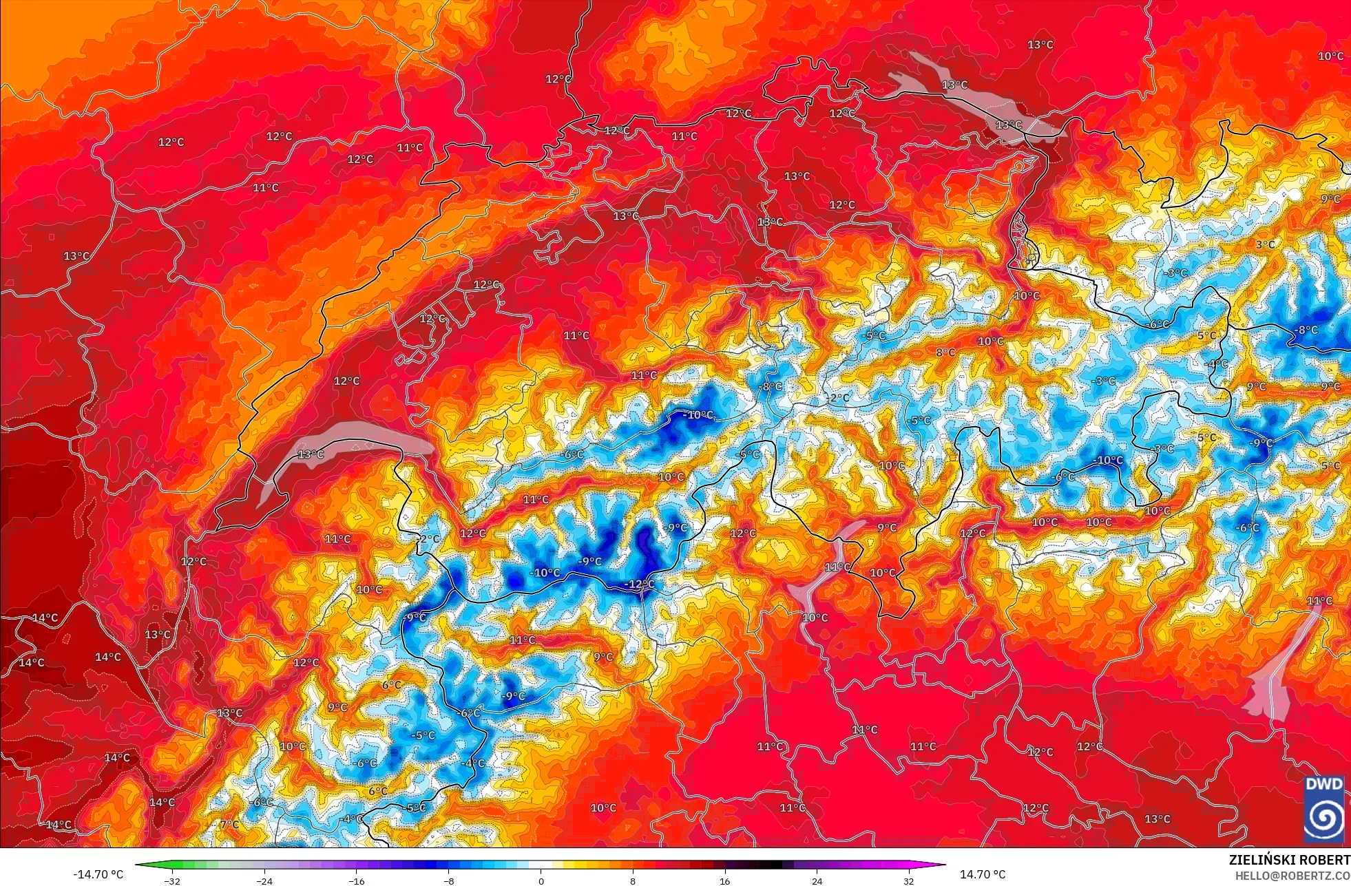 ICON Alemania 2 km modelo - Suiza, Anomalía de temperatura a 850 hPa