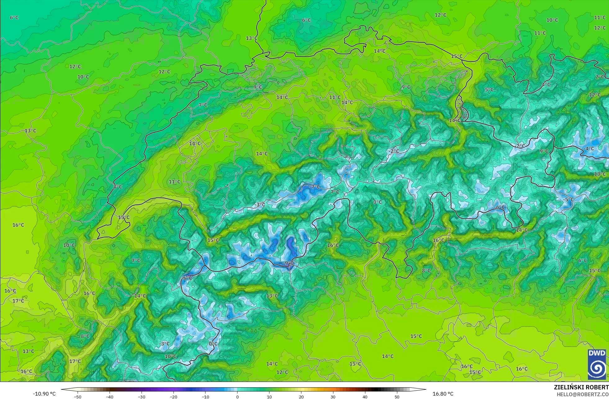 ICON Alemania 2 km modelo - Suiza, Temperatura a 850 hPa