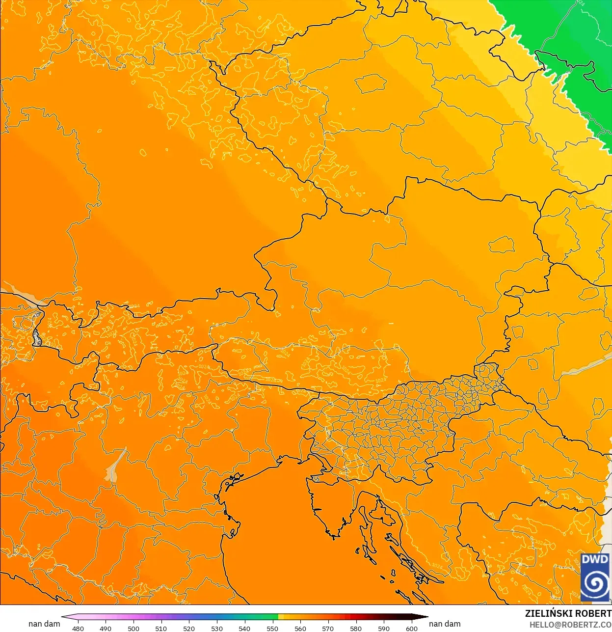 ICON Alemania 2 km modelo - Austria, Altura geopotencial a 500 hPa