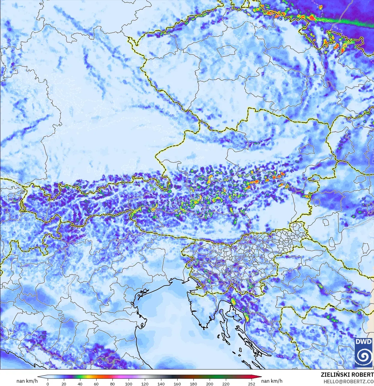 ICON Alemania 2 km modelo - Austria, Ráfagas de Viento Máximas