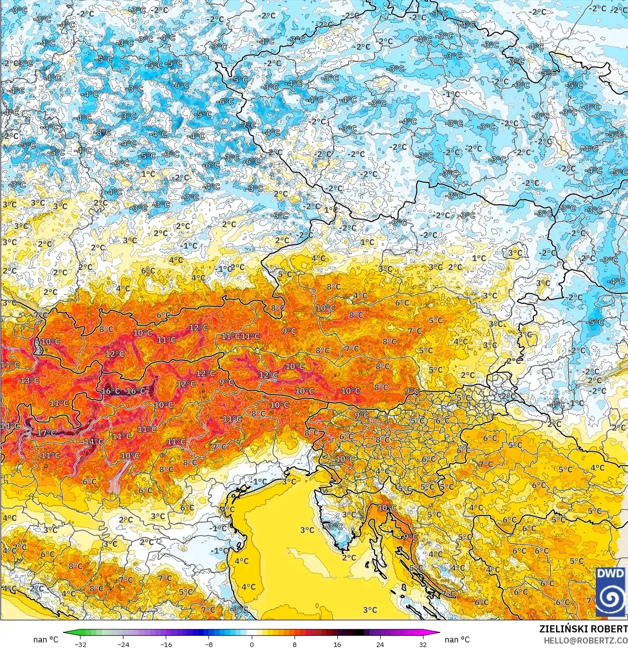 ICON Alemania 2 km modelo - Austria, Anomalía de temperatura a 2 m