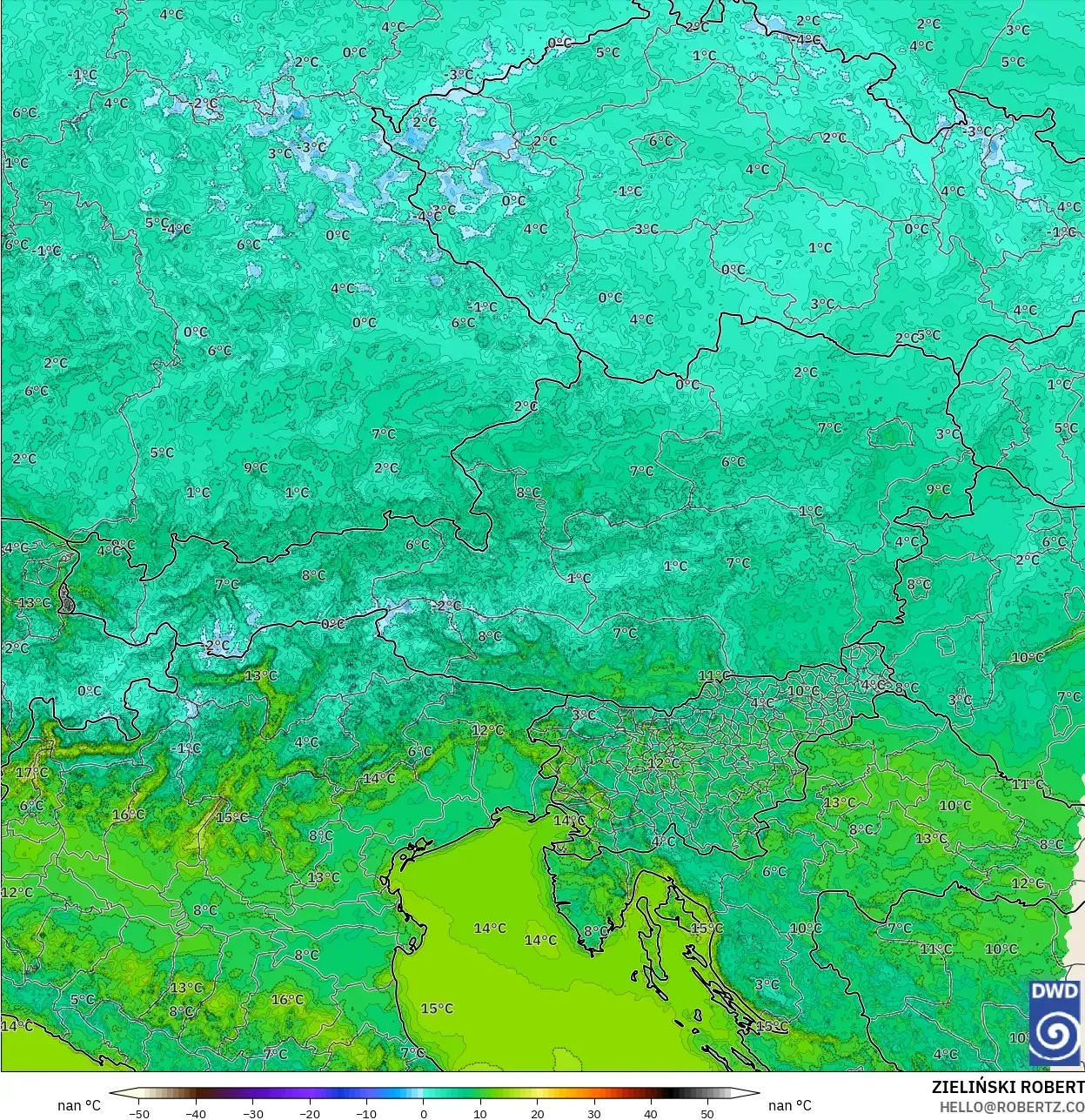 ICON Alemania 2 km modelo - Austria, Temperatura a 2 m