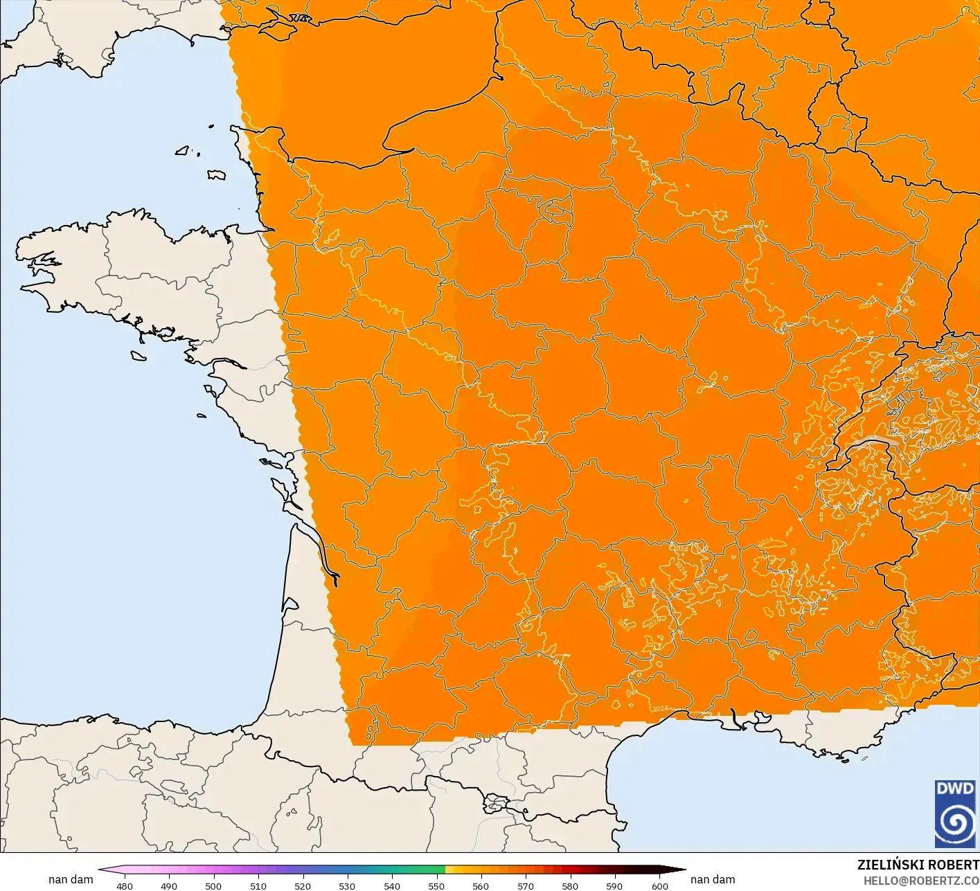 ICON Alemania 2 km modelo - Francia, Altura geopotencial a 500 hPa