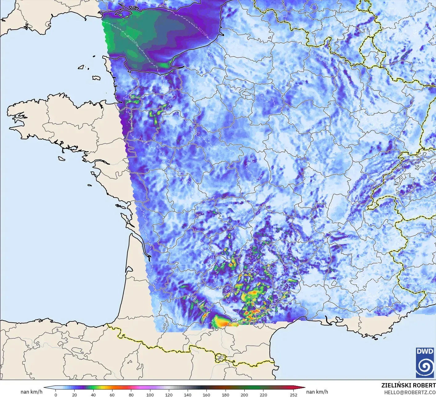 ICON Alemania 2 km modelo - Francia, Ráfagas de Viento Máximas