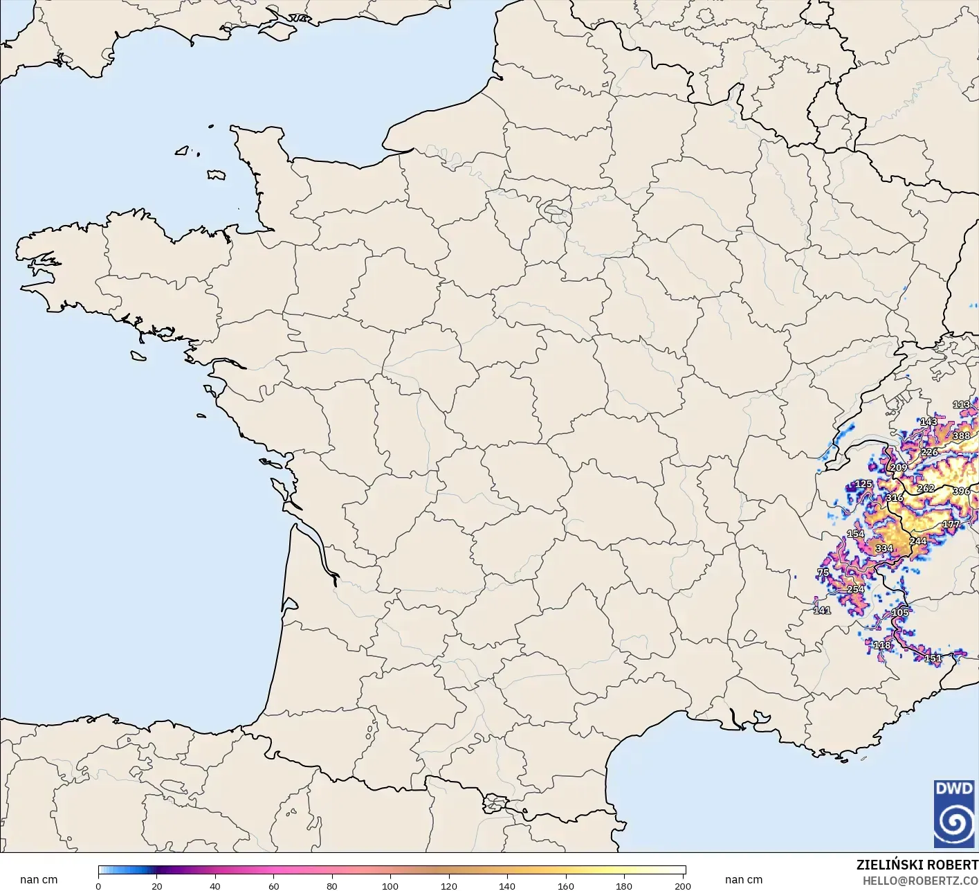 ICON Alemania 2 km modelo - Francia, Profundidad de nieve
