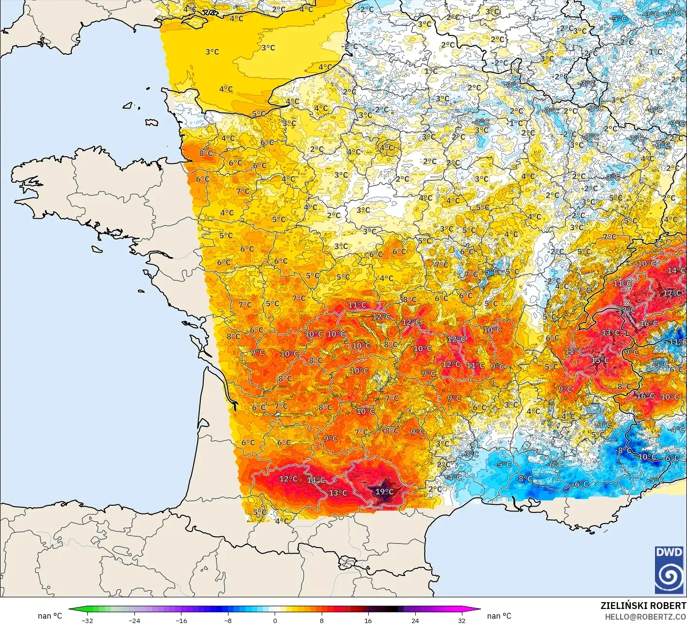 ICON Alemania 2 km modelo - Francia, Anomalía de temperatura a 2 m