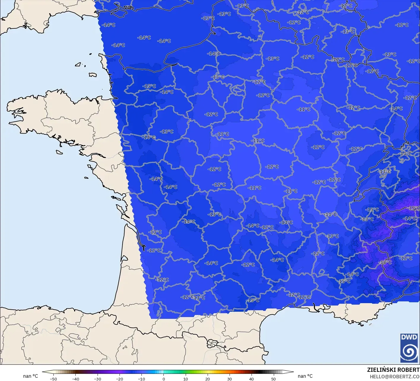 ICON Alemania 2 km modelo - Francia, Temperatura a 500 hPa