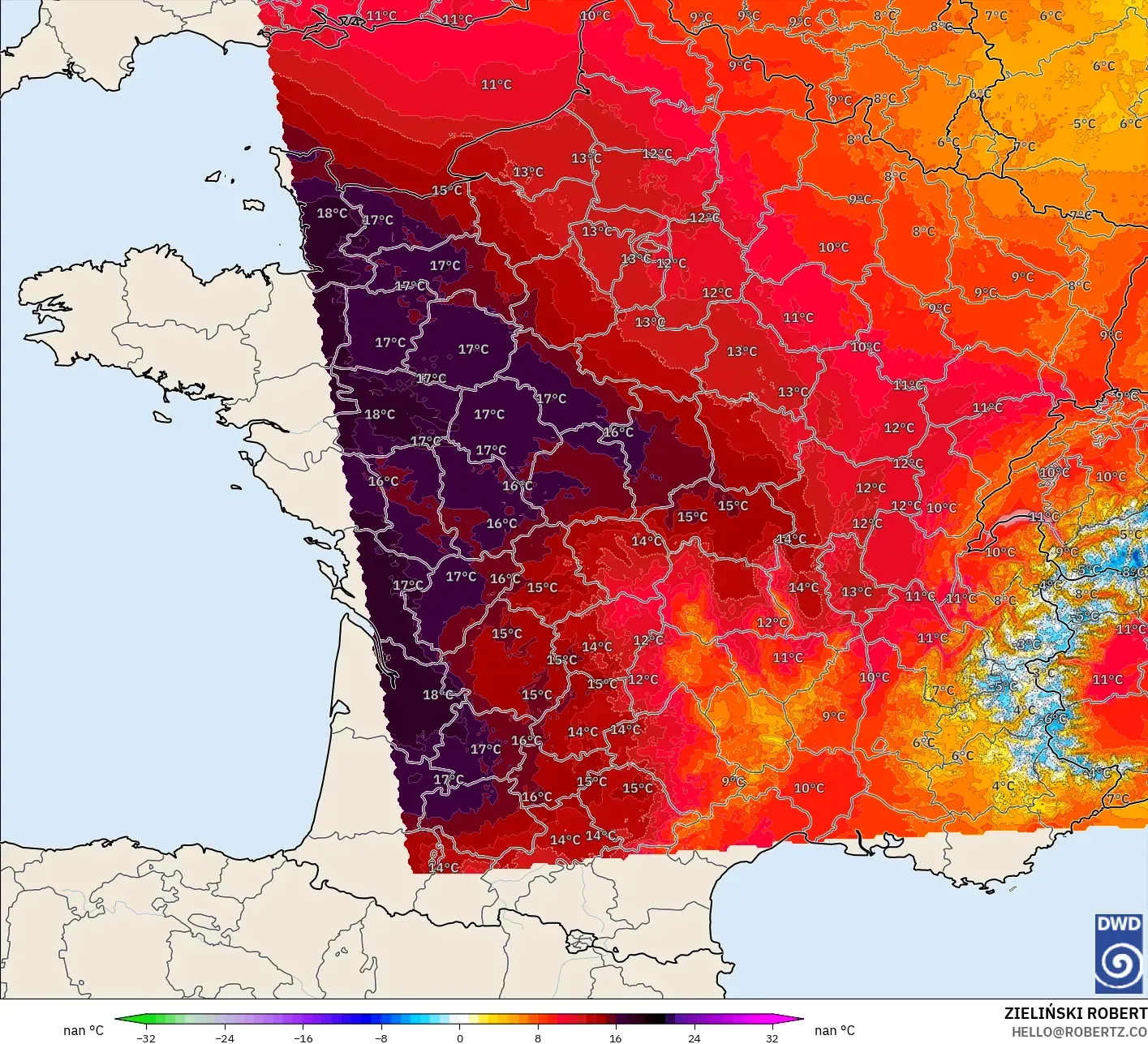 ICON Alemania 2 km modelo - Francia, Anomalía de temperatura a 850 hPa