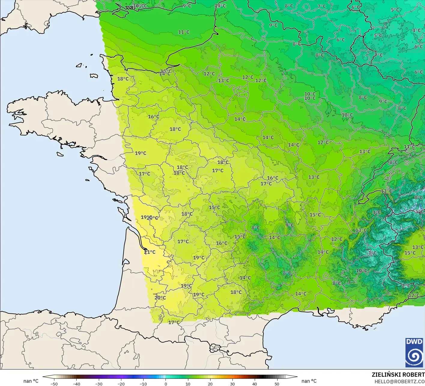ICON Alemania 2 km modelo - Francia, Temperatura a 850 hPa