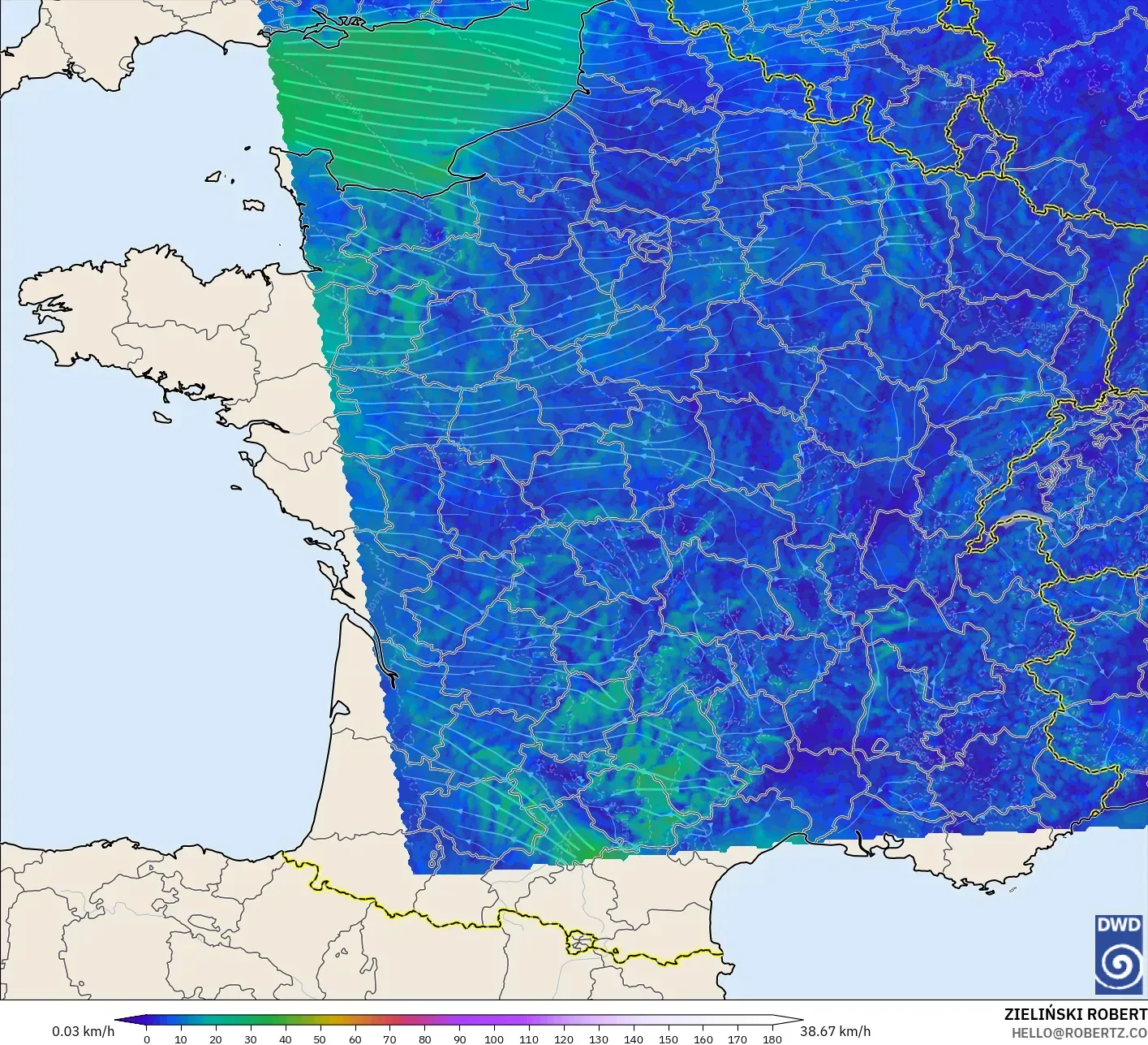 ICON Alemania 2 km modelo - Francia, Viento a 10 m
