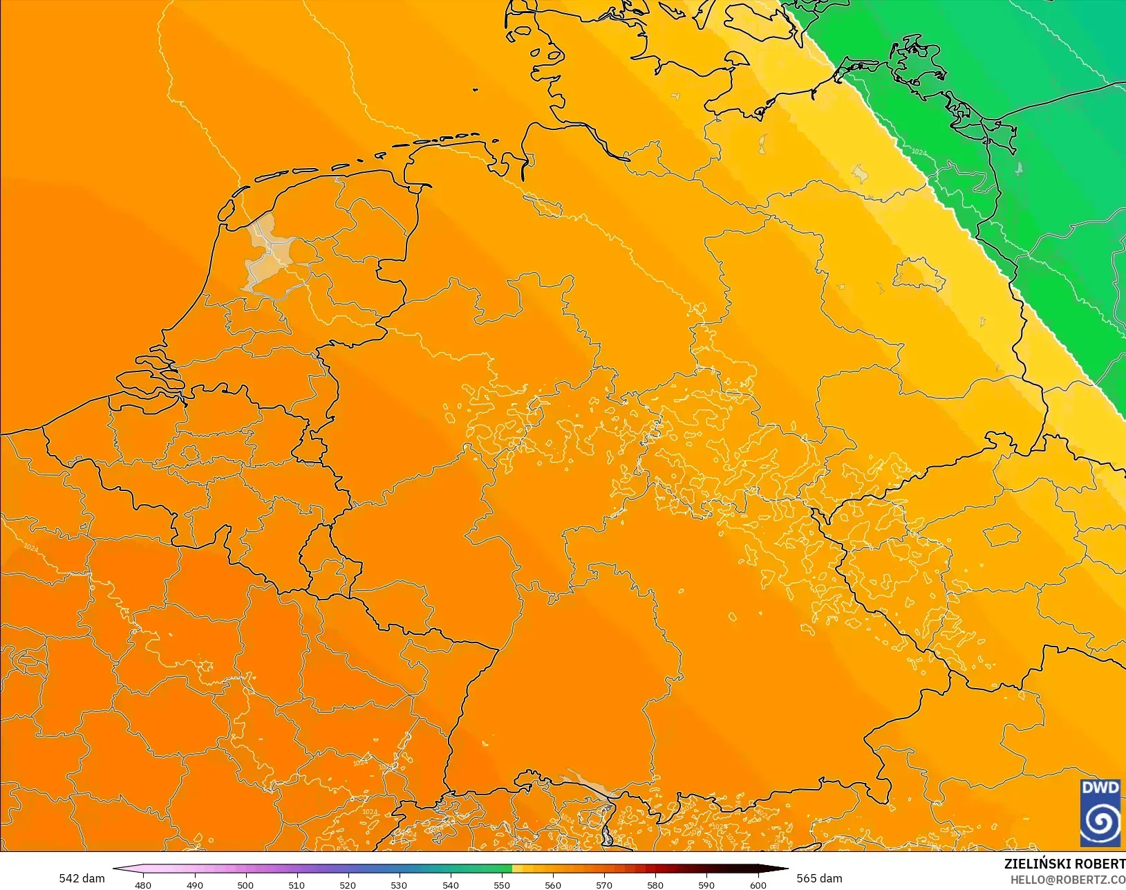 ICON Alemania 2 km modelo - Alemania, Altura geopotencial a 500 hPa