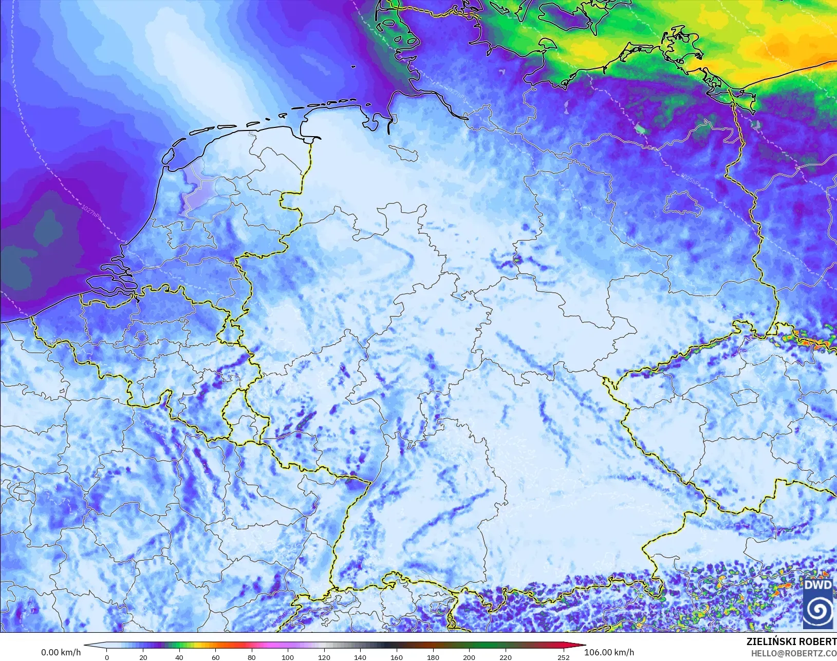 ICON Alemania 2 km modelo - Alemania, Ráfagas de Viento Máximas