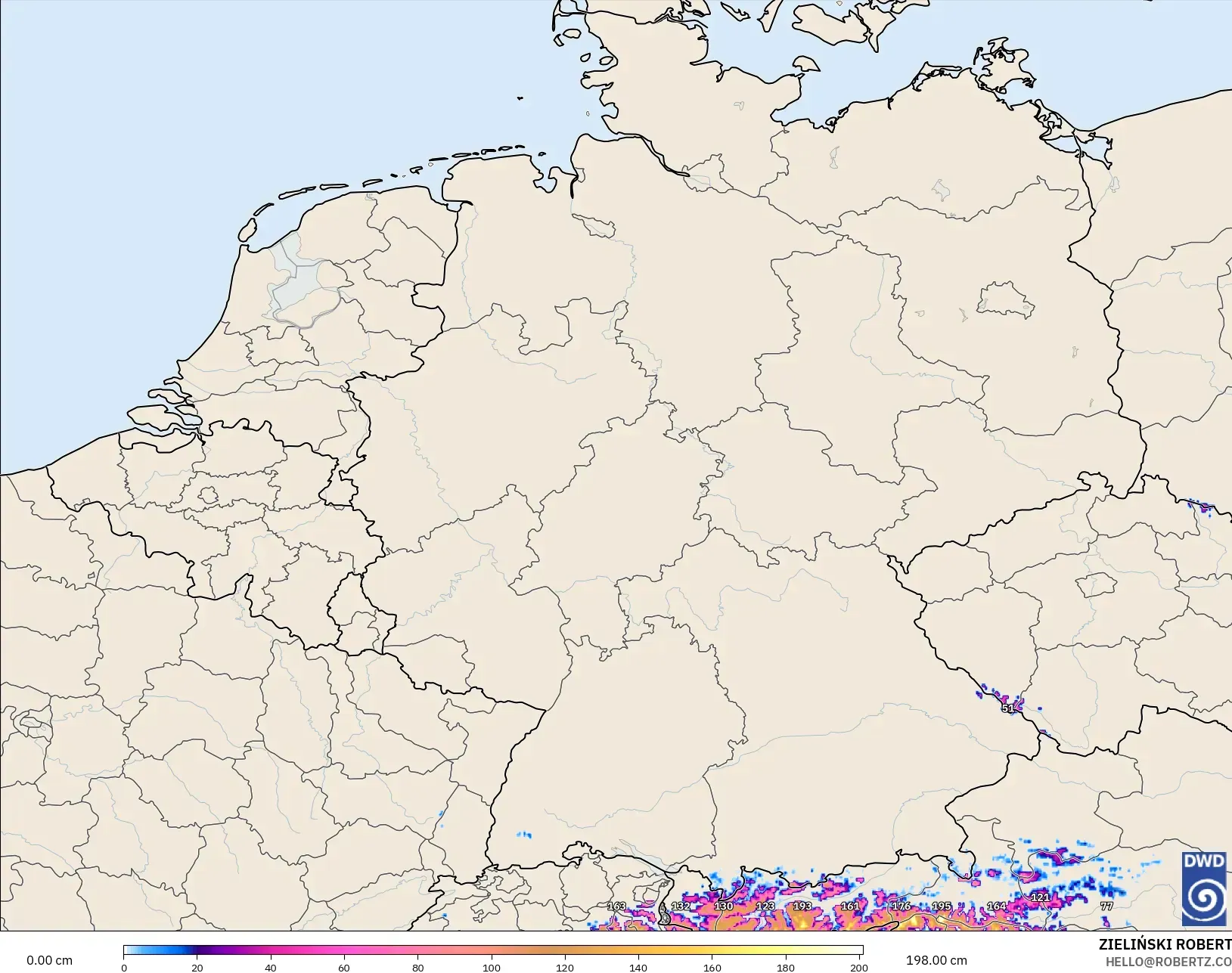 ICON Alemania 2 km modelo - Alemania, Profundidad de nieve