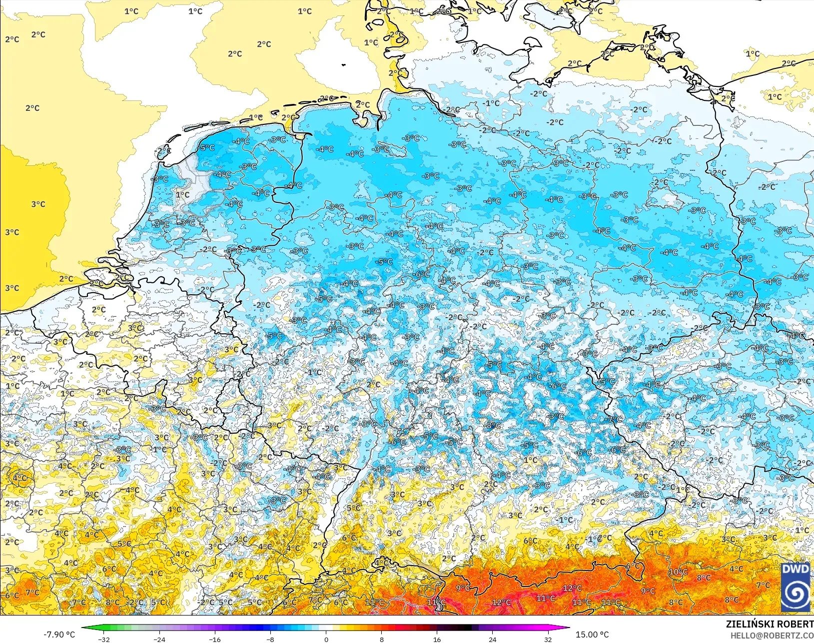 ICON Alemania 2 km modelo - Alemania, Anomalía de temperatura a 2 m