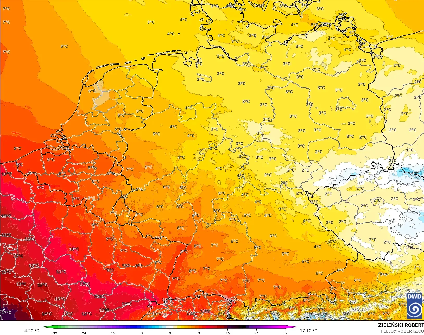 ICON Alemania 2 km modelo - Alemania, Anomalía de temperatura a 850 hPa