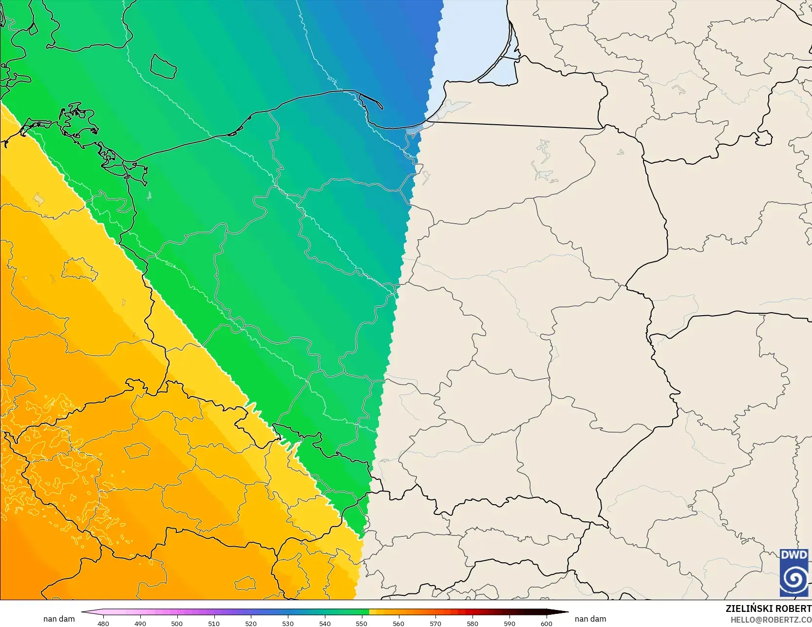 ICON Alemania 2 km modelo - Polonia, Altura geopotencial a 500 hPa