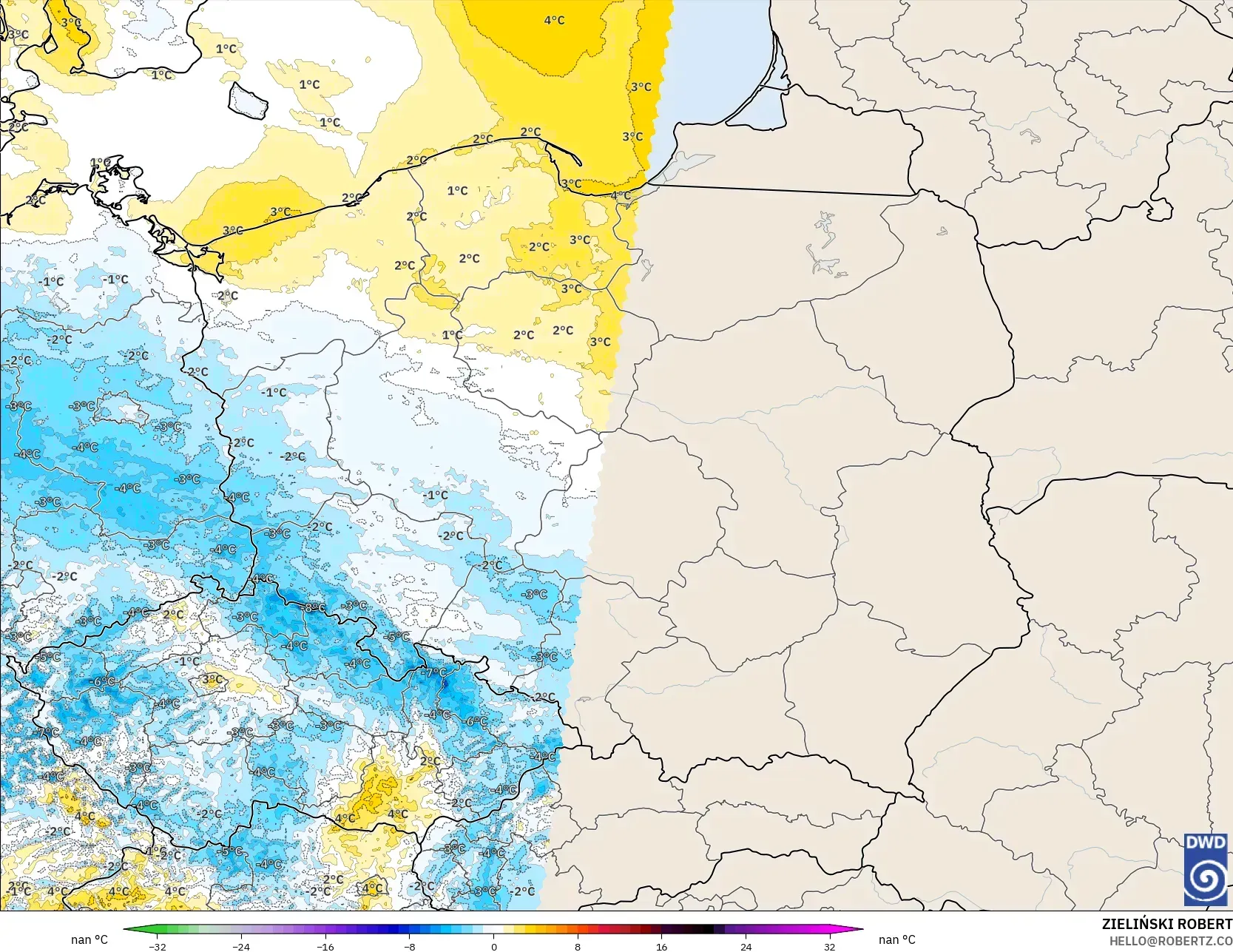ICON Alemania 2 km modelo - Polonia, Anomalía de temperatura a 2 m