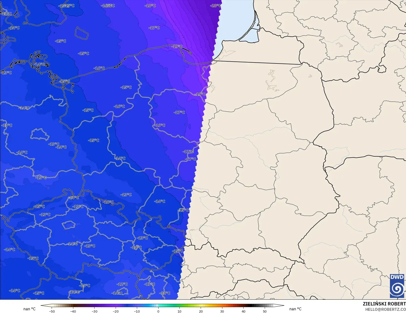 ICON Alemania 2 km modelo - Polonia, Temperatura a 500 hPa