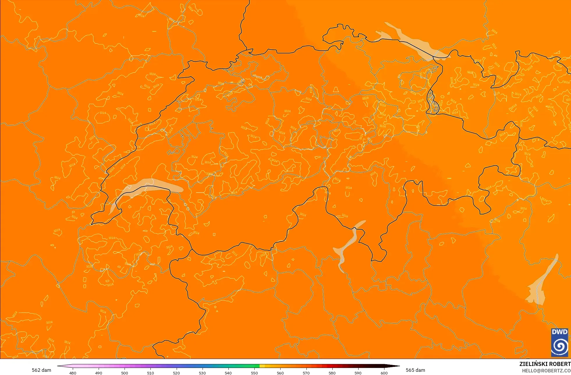 ICON Alemania 2 km modelo - Suiza, Altura geopotencial a 500 hPa