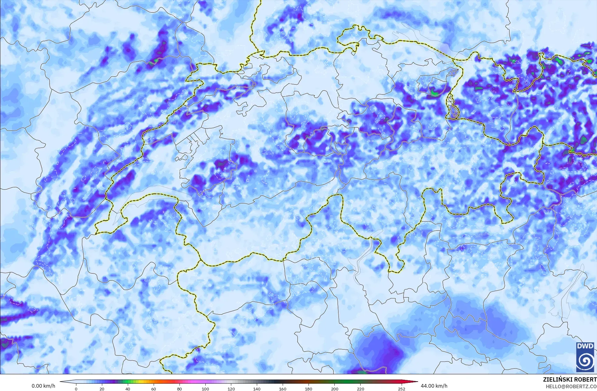 ICON Alemania 2 km modelo - Suiza, Ráfagas de Viento Máximas