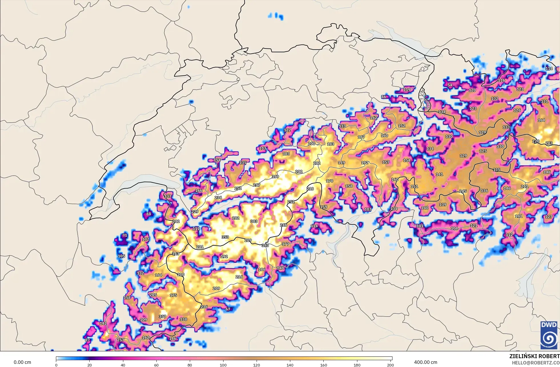 ICON Alemania 2 km modelo - Suiza, Profundidad de nieve
