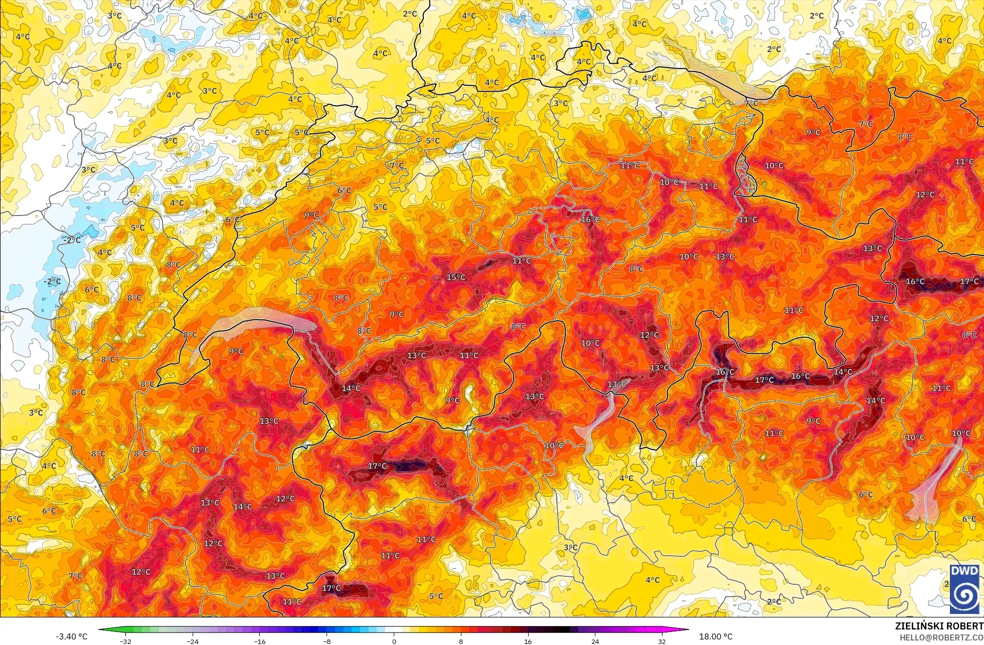 ICON Alemania 2 km modelo - Suiza, Anomalía de temperatura a 2 m