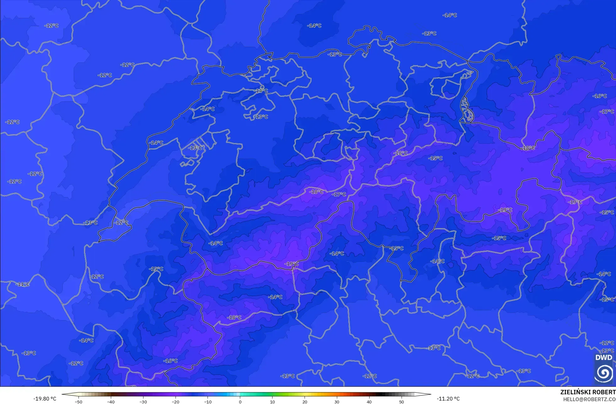 ICON Alemania 2 km modelo - Suiza, Temperatura a 500 hPa