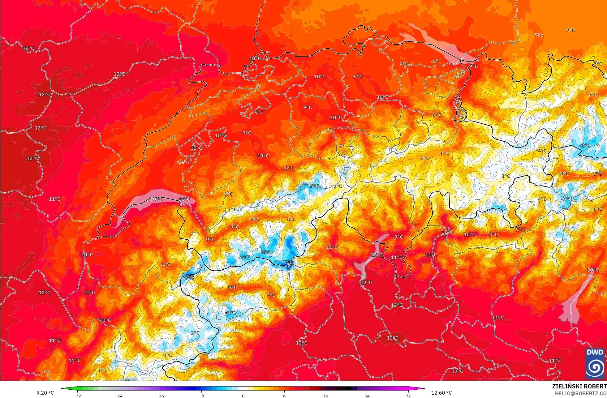 ICON Alemania 2 km modelo - Suiza, Anomalía de temperatura a 850 hPa