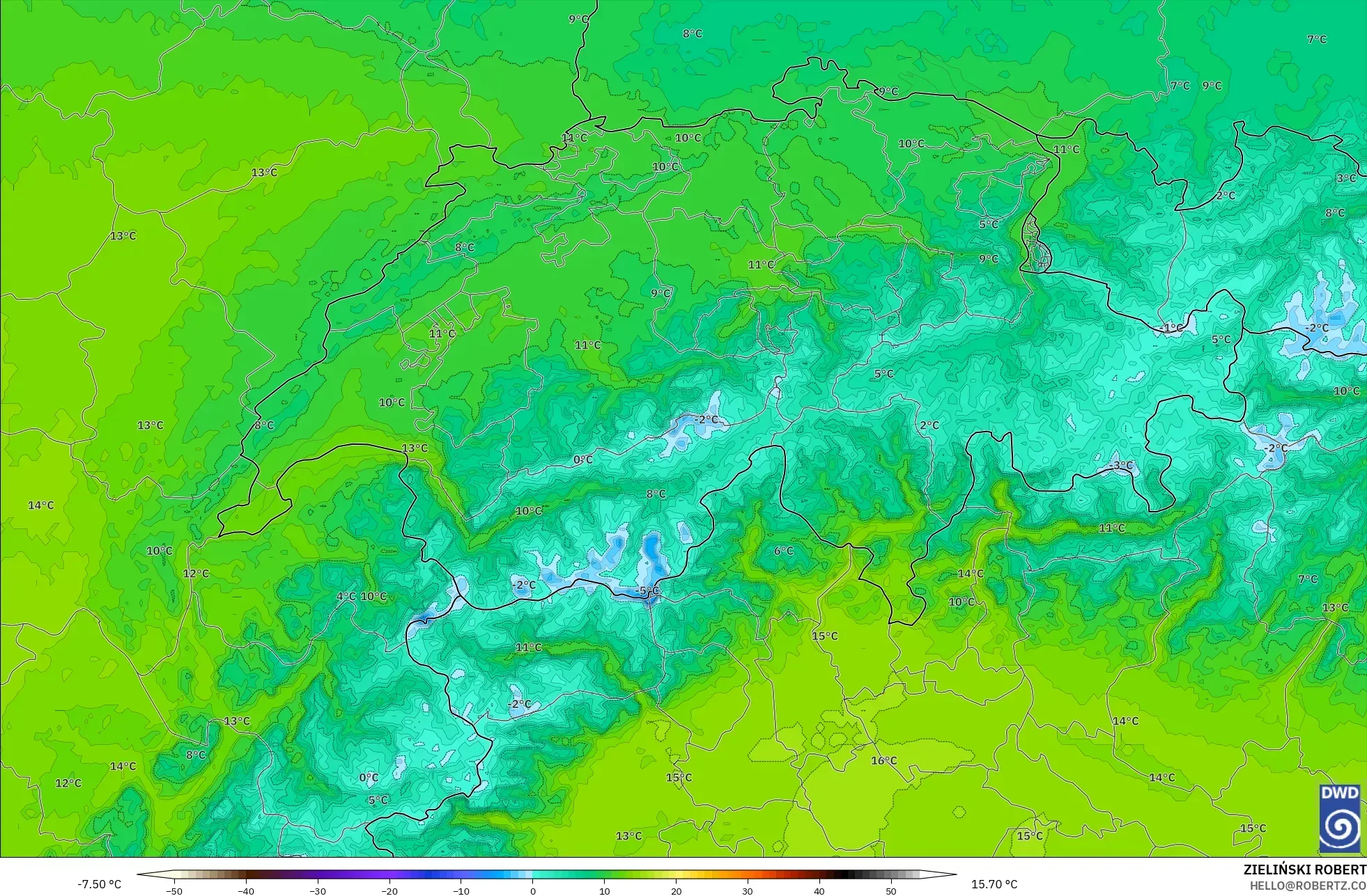 ICON Alemania 2 km modelo - Suiza, Temperatura a 850 hPa