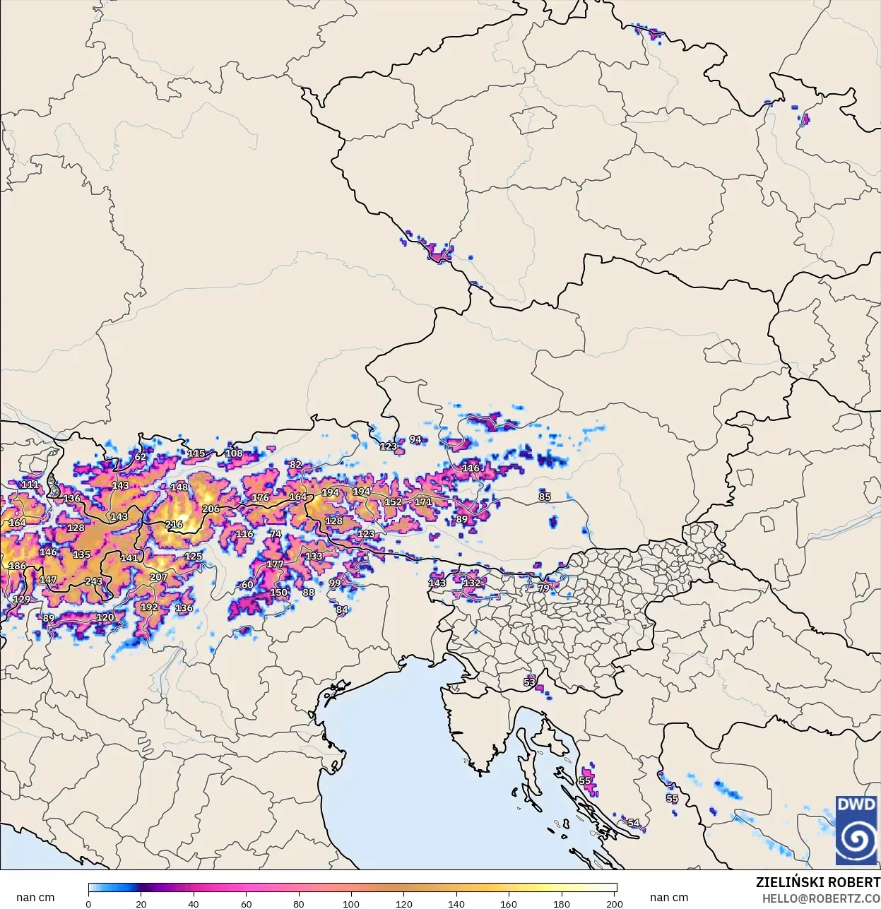 ICON Alemania 2 km modelo - Austria, Profundidad de nieve
