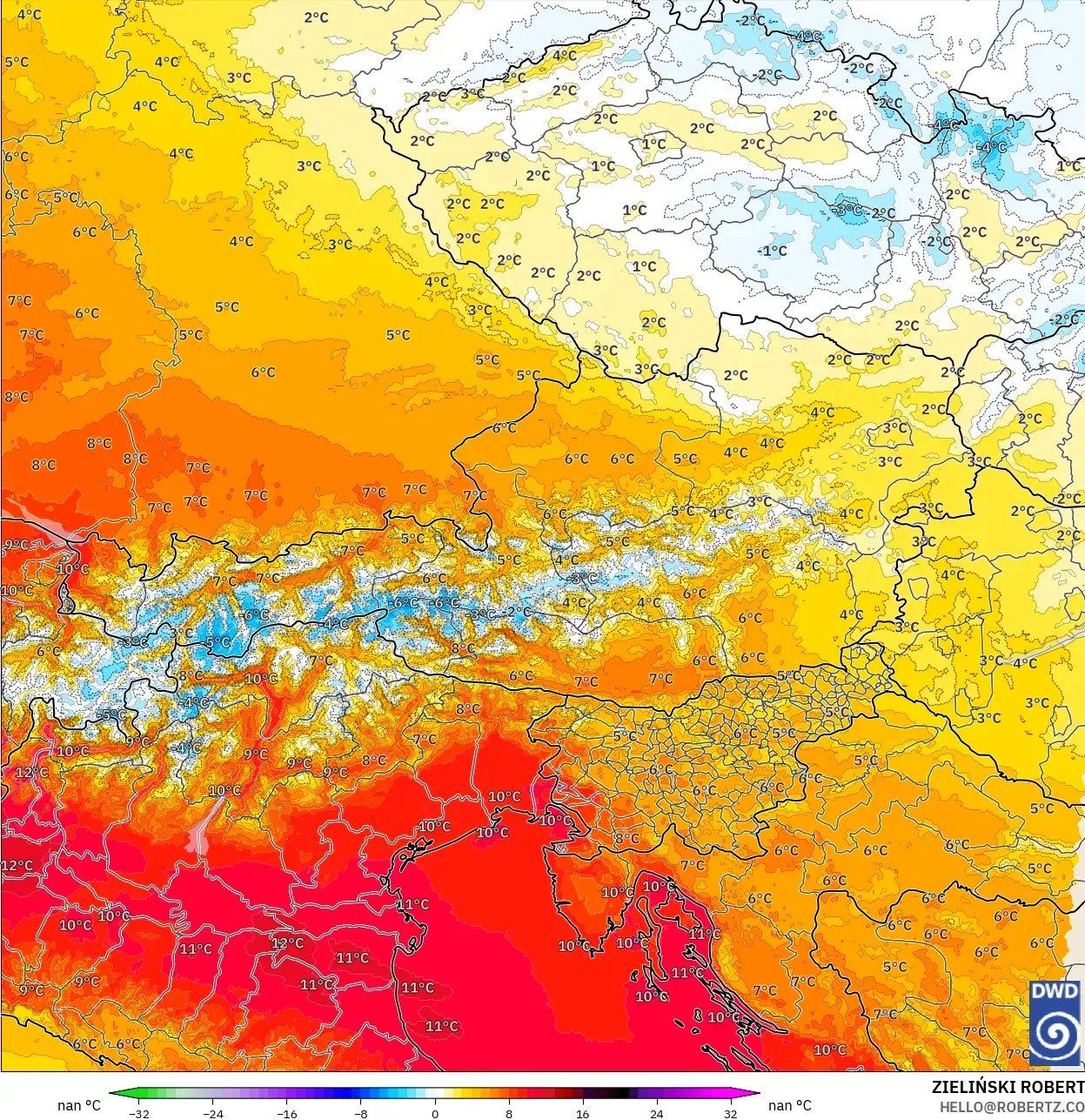 ICON Alemania 2 km modelo - Austria, Anomalía de temperatura a 850 hPa