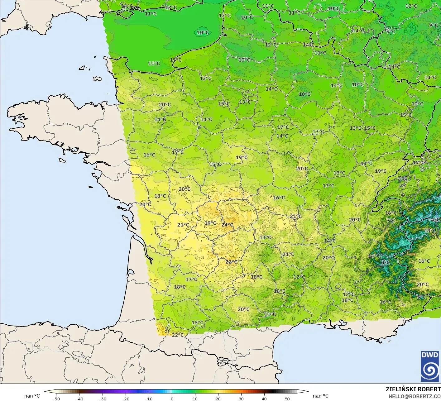 ICON Alemania 2 km modelo - Francia, Temperatura a 2 m