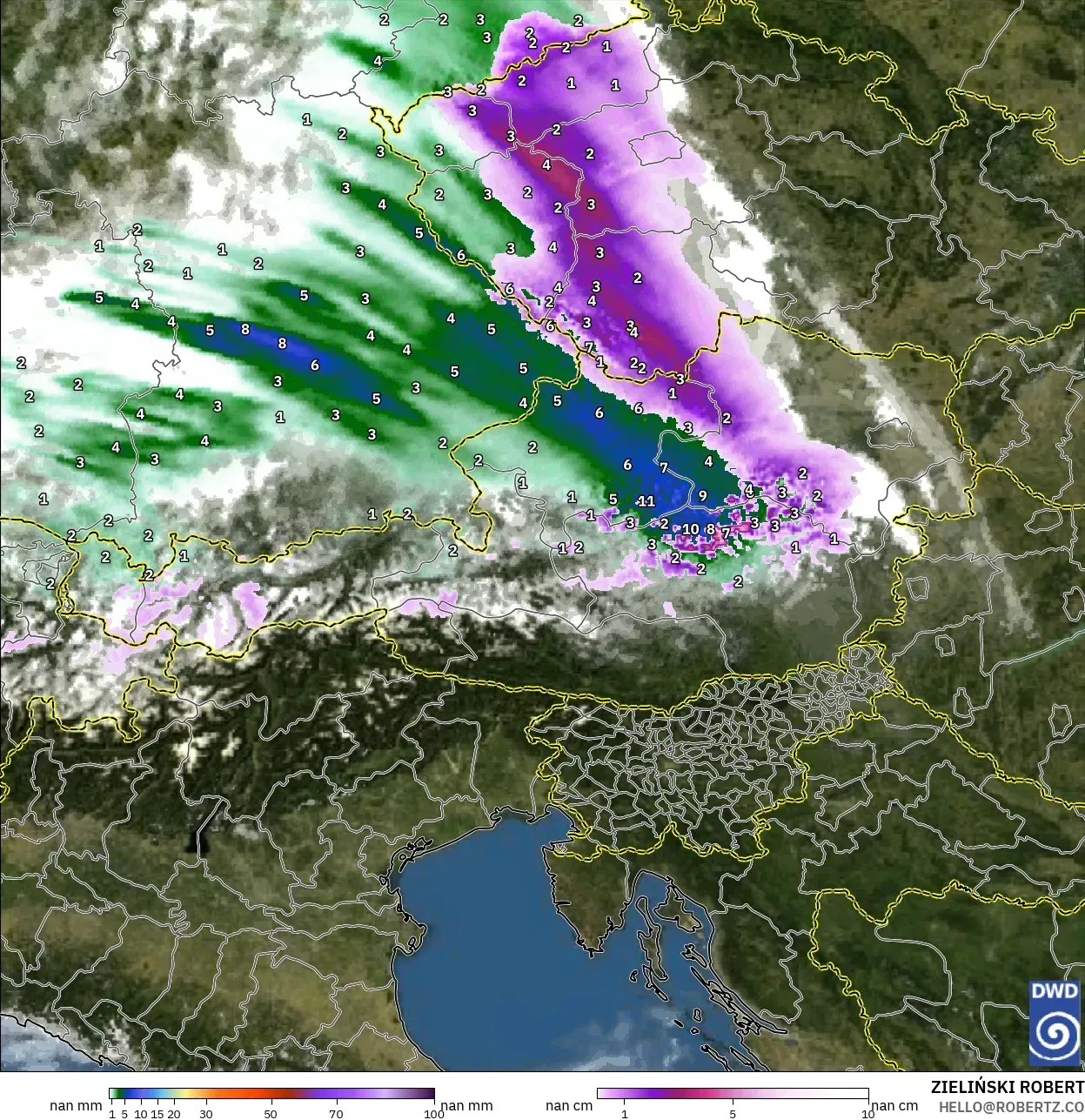ICON Alemania 2 km modelo - Austria, Precipitación, nubes y presión