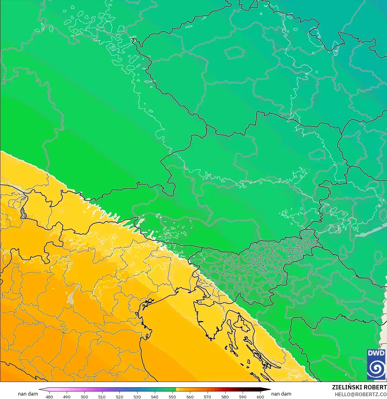 ICON Alemania 2 km modelo - Austria, Altura geopotencial a 500 hPa
