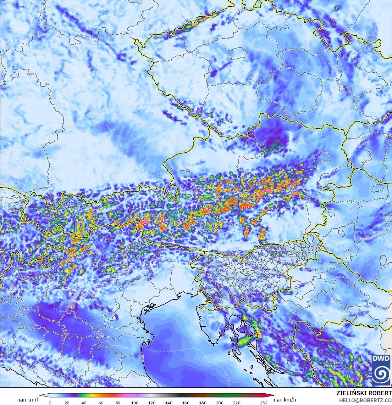 ICON Alemania 2 km modelo - Austria, Ráfagas de Viento Máximas