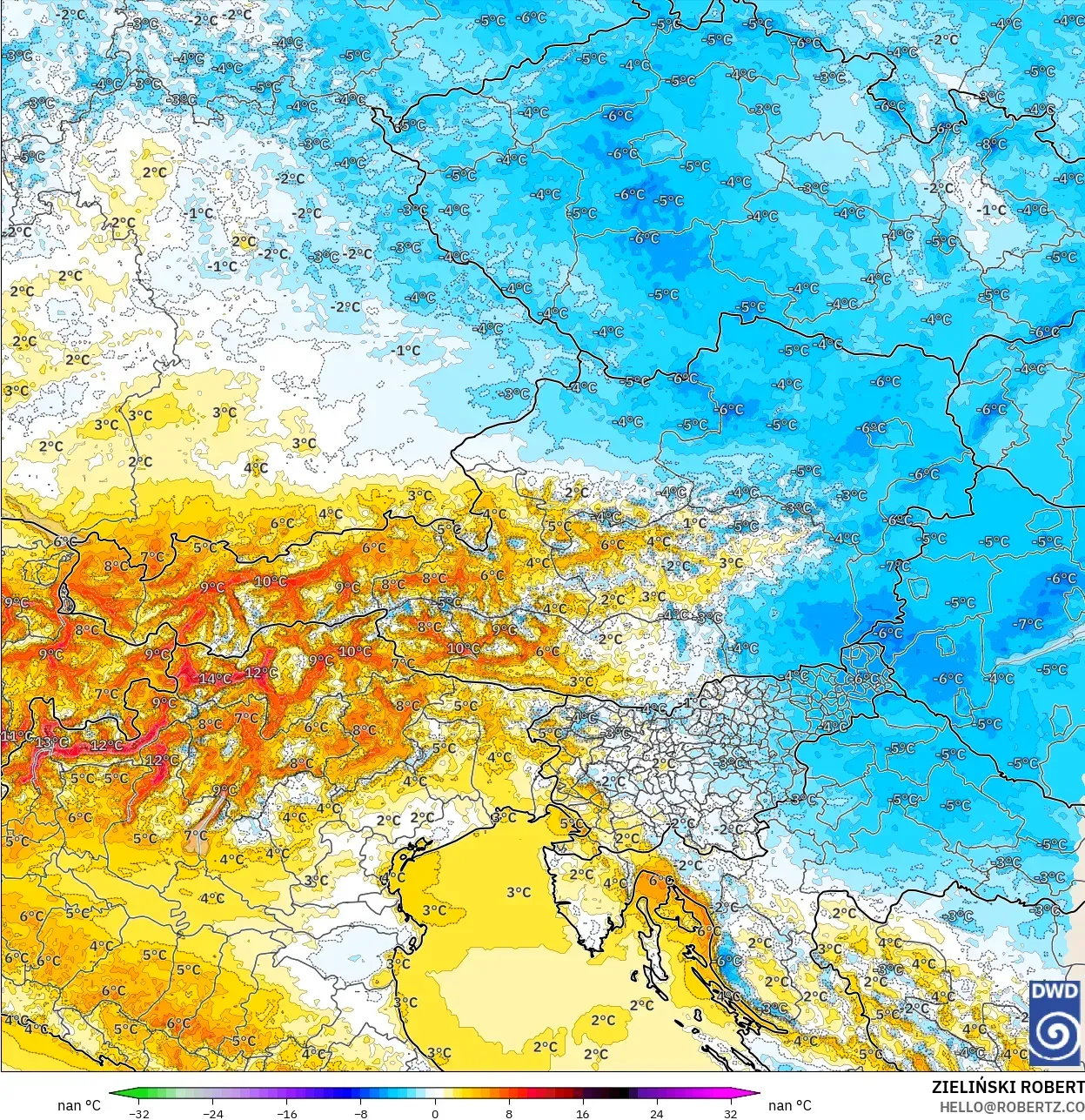 ICON Alemania 2 km modelo - Austria, Anomalía de temperatura a 2 m