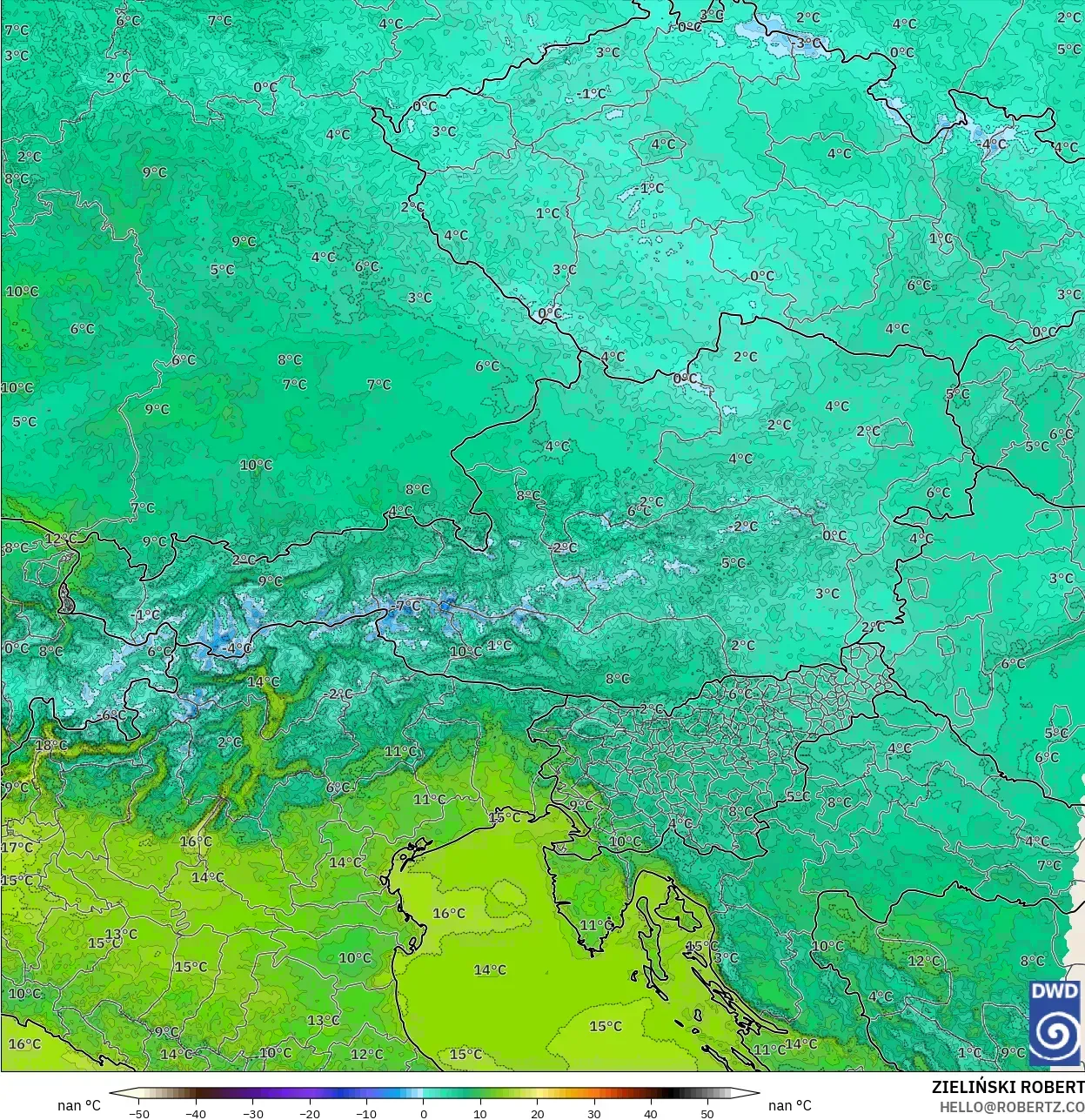 ICON Alemania 2 km modelo - Austria, Temperatura a 2 m
