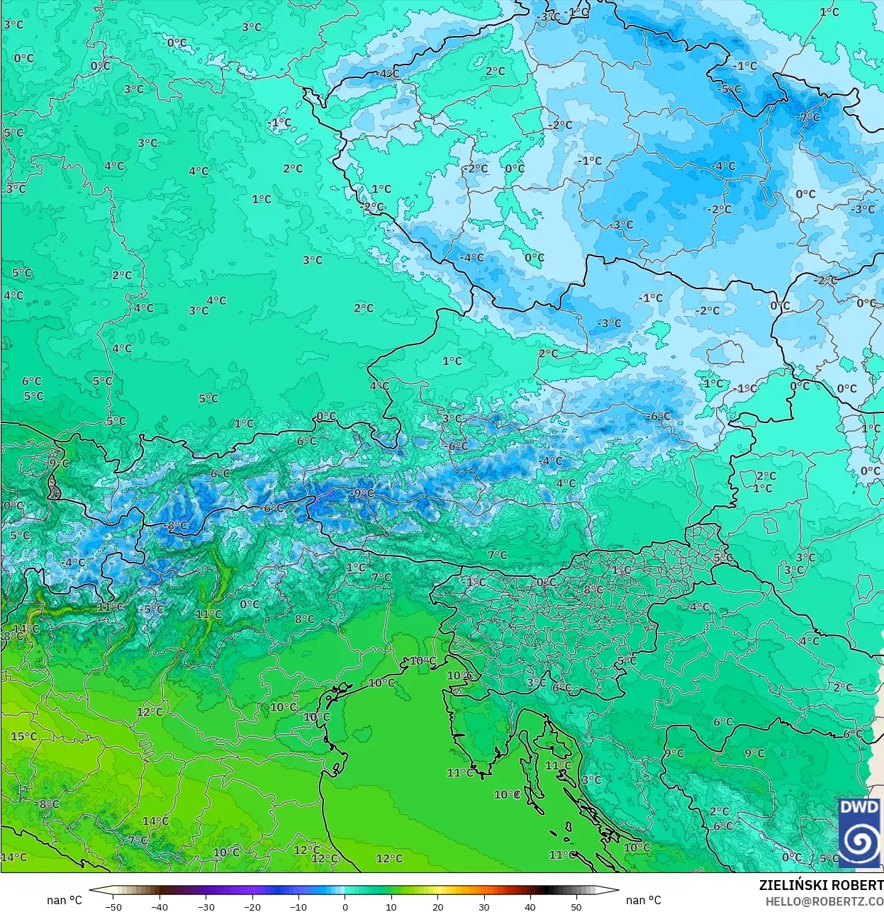 ICON Alemania 2 km modelo - Austria, Temperatura a 850 hPa