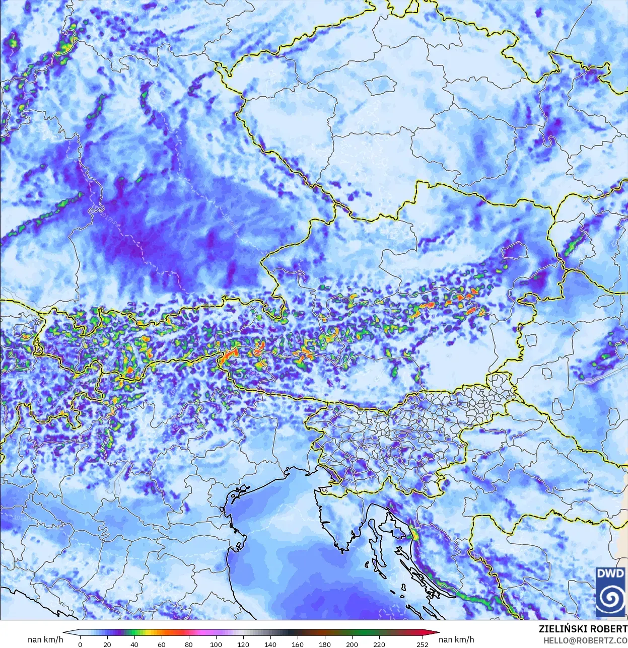 ICON Alemania 2 km modelo - Austria, Ráfagas de viento