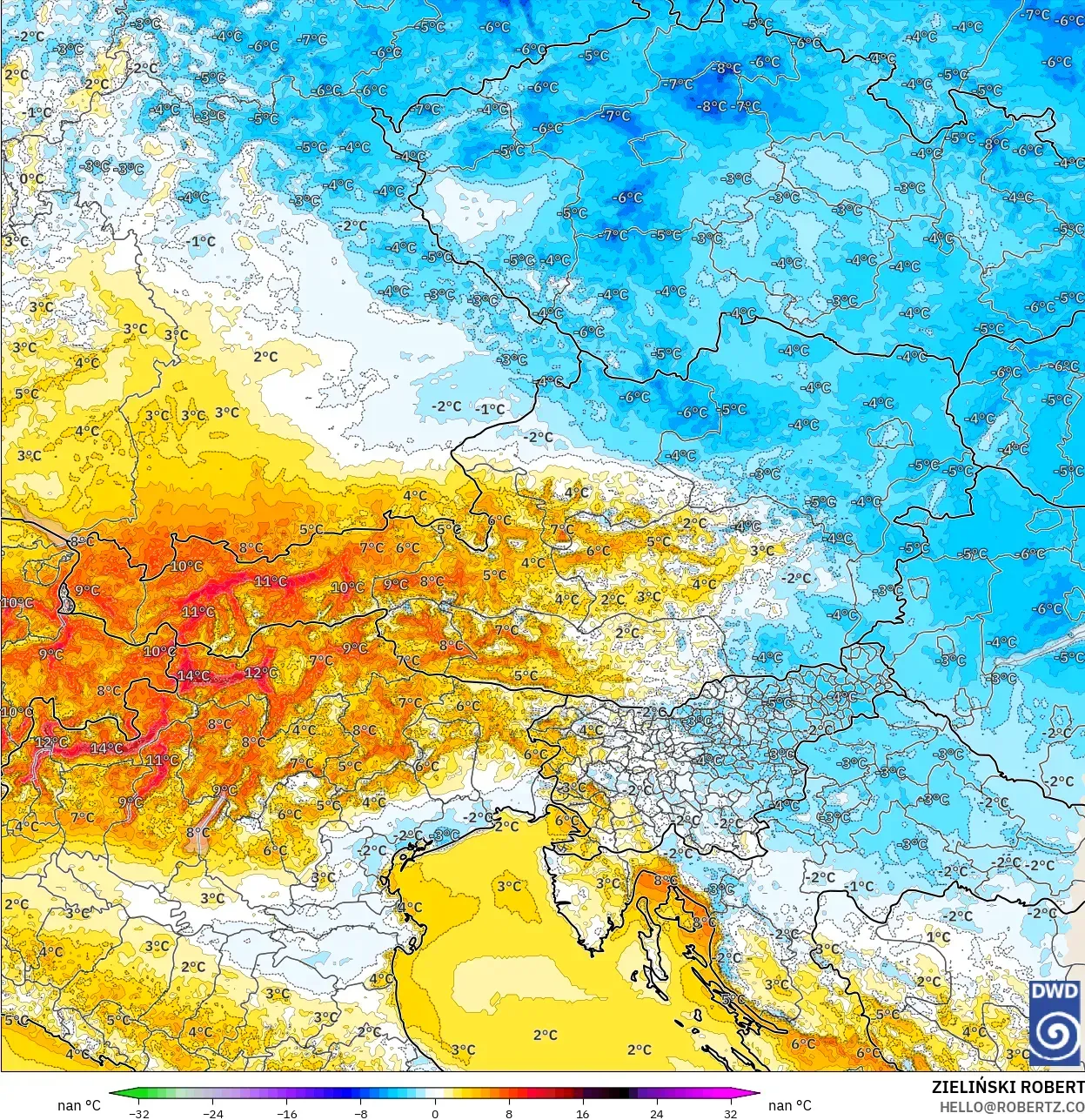 ICON Alemania 2 km modelo - Austria, Anomalía de temperatura a 2 m