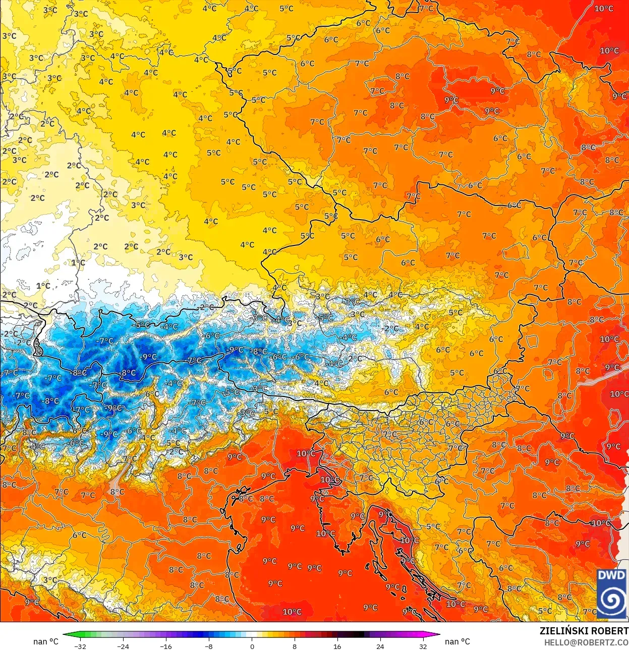 ICON Alemania 2 km modelo - Austria, Anomalía de temperatura a 850 hPa