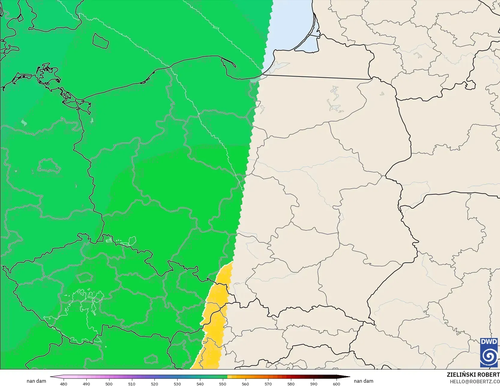 ICON Alemania 2 km modelo - Polonia, Altura geopotencial a 500 hPa