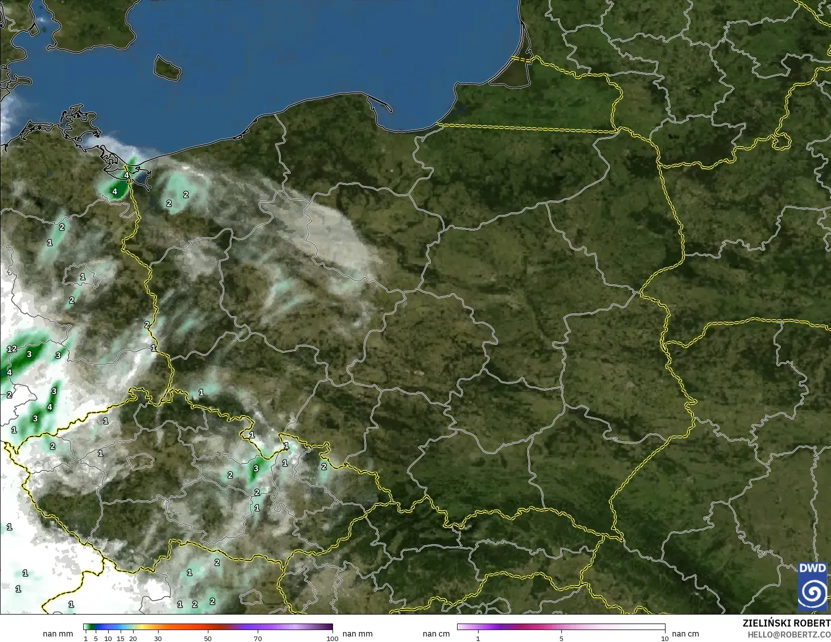 ICON Alemania 2 km modelo - Polonia, Precipitación, nubes y presión