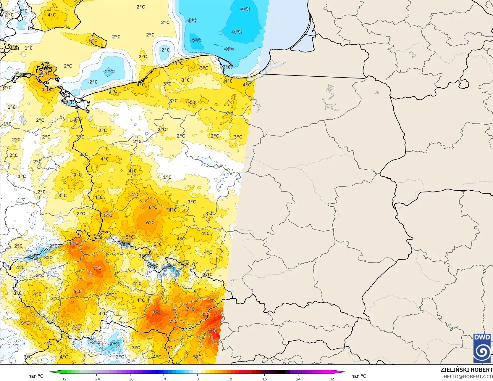ICON Alemania 2 km modelo - Polonia, Anomalía de temperatura a 2 m