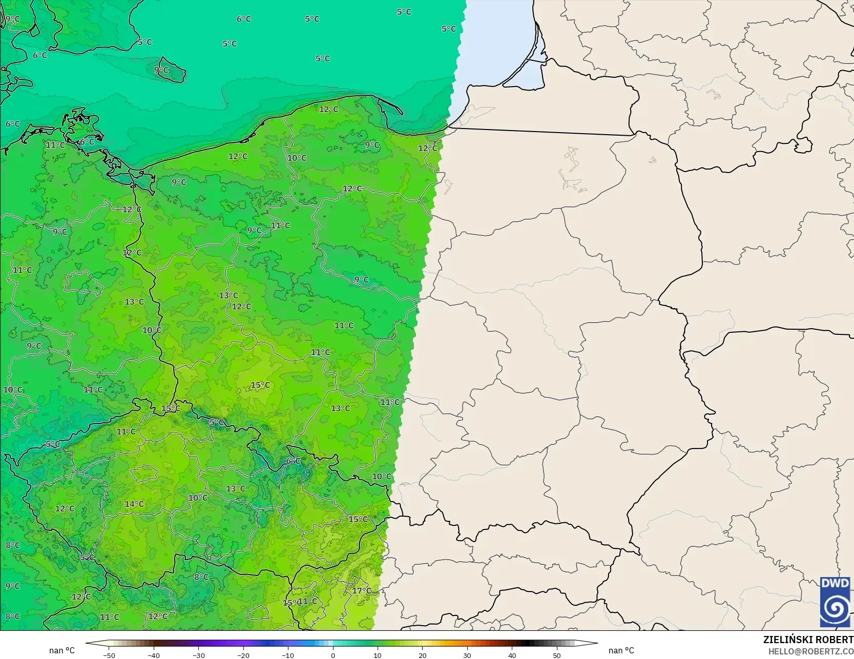ICON Alemania 2 km modelo - Polonia, Temperatura a 2 m