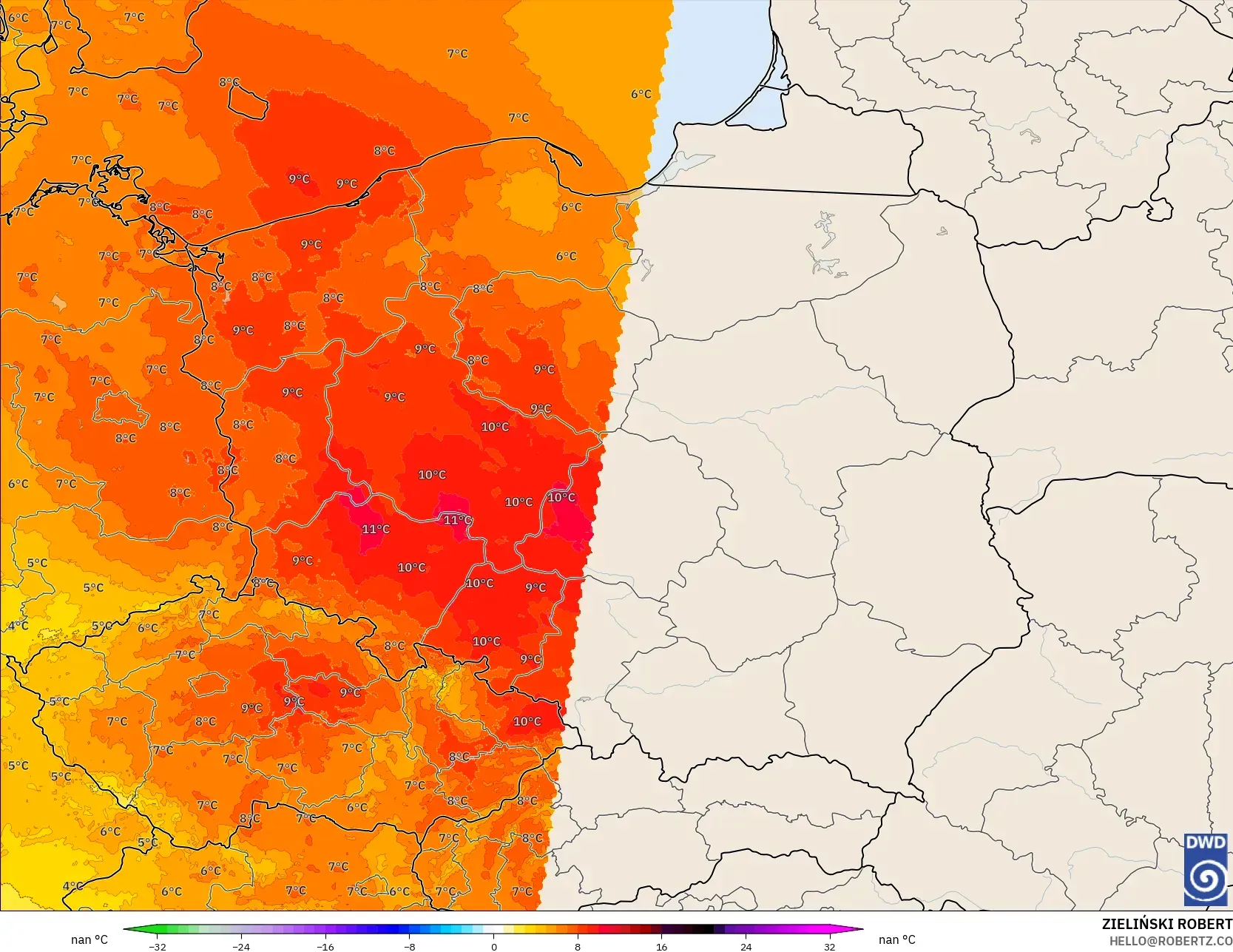 ICON Alemania 2 km modelo - Polonia, Anomalía de temperatura a 850 hPa